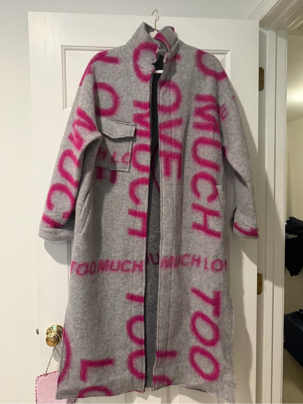 Piazza Roma Made in Italy Gray & Hot Pink Love Peace Wool Blend Duster Coat